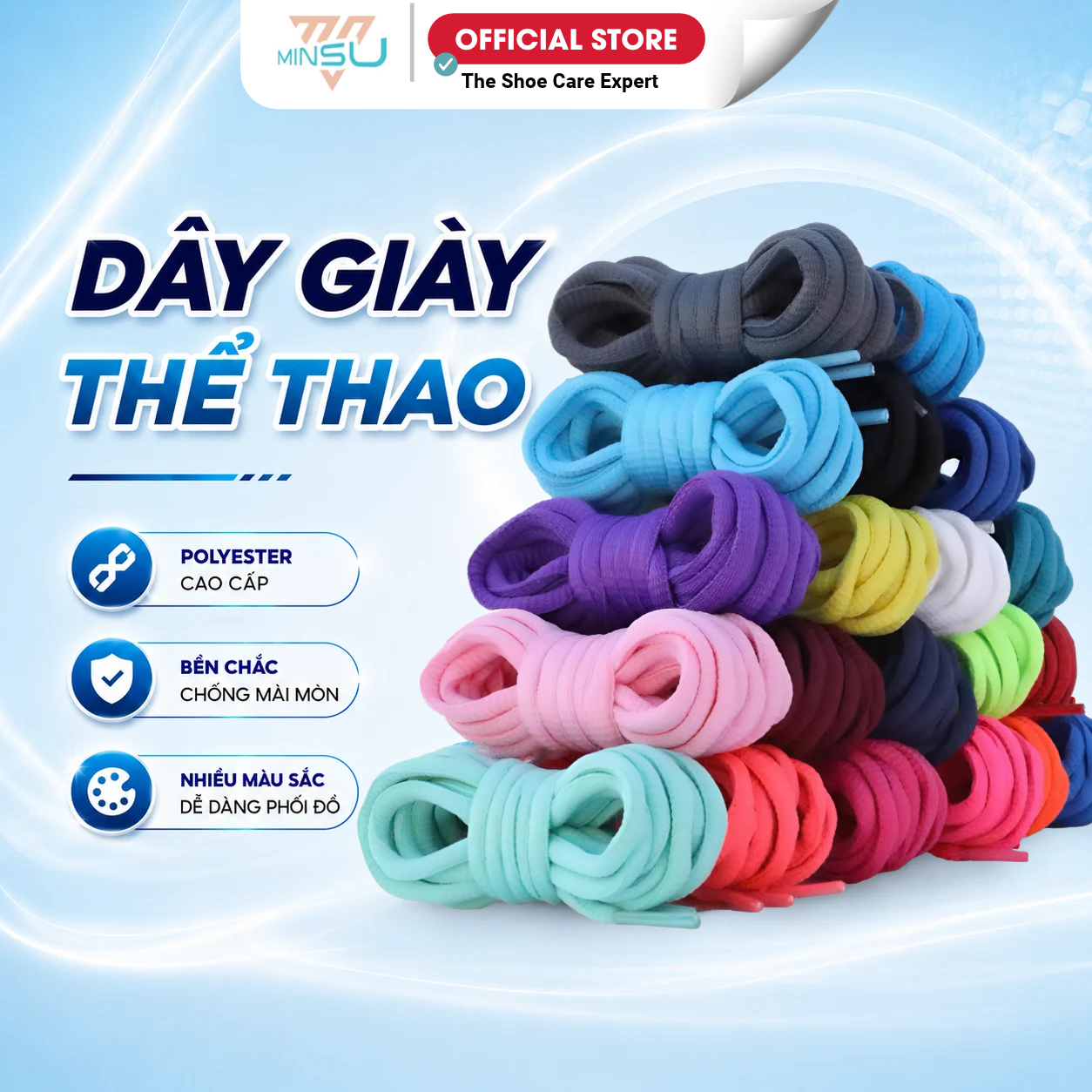 Dây Giày Thể Thao Sneaker Tròn MINSU M0201 120cm với 10 Màu Nổi Bật Cho Bạn Chọn Shoelaces Phụ Kiện Giày, Trắng, Đen