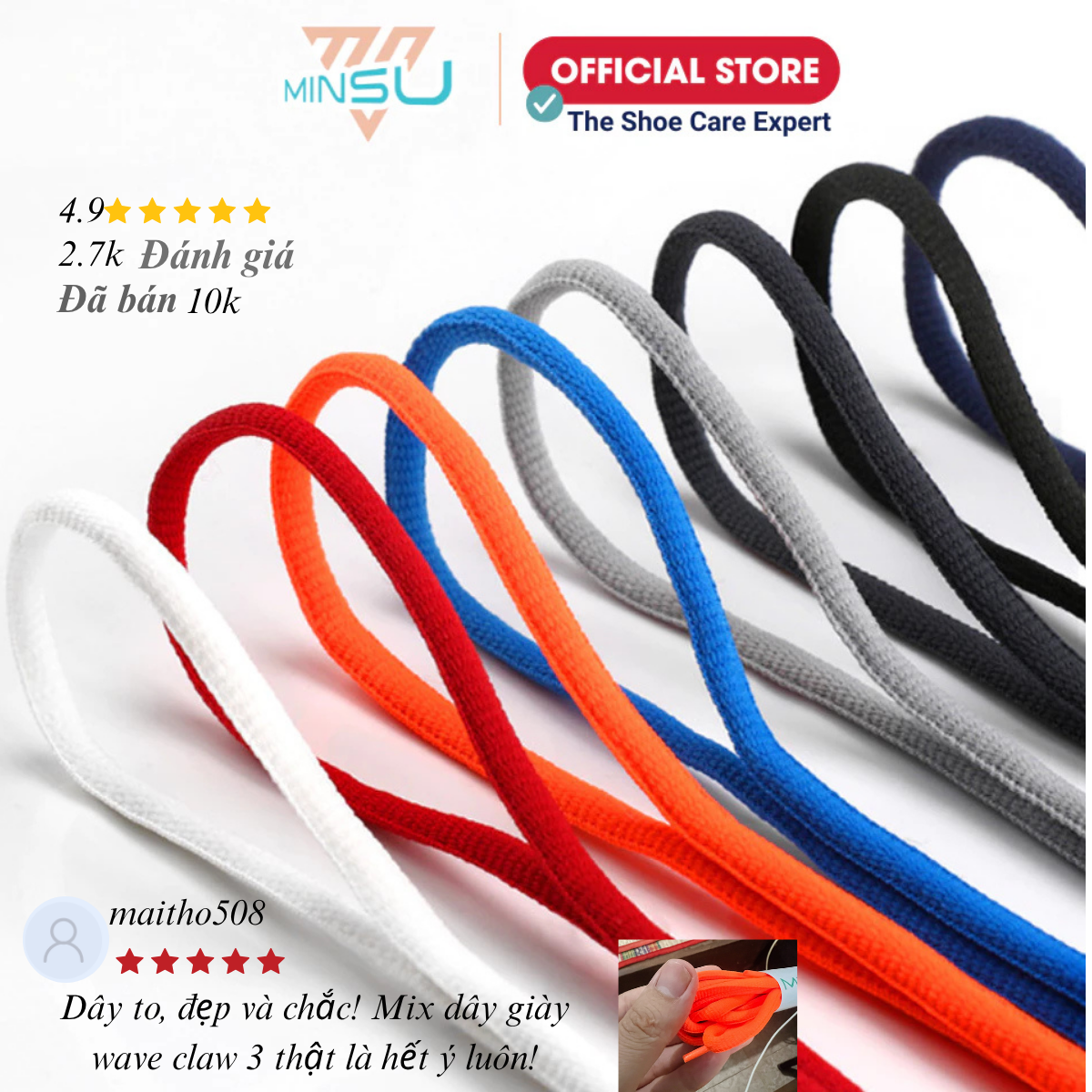 Dây Giày Thể Thao Sneaker Tròn MINSU M0201 120cm với 10 Màu Nổi Bật Cho Bạn Chọn Shoelaces Phụ Kiện Giày, Trắng, Đen - Ảnh 3