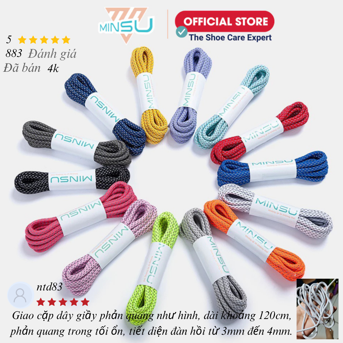 Dây Tròn Phản Quang Dây Giày Tròn Phản Quang Cao Cấp Chính Hãng MINSU M1601 Chuyên Dùng Cho Giày Thể Thao Sneaker Nam Nữ. Shoelace 120cm - Ảnh 4